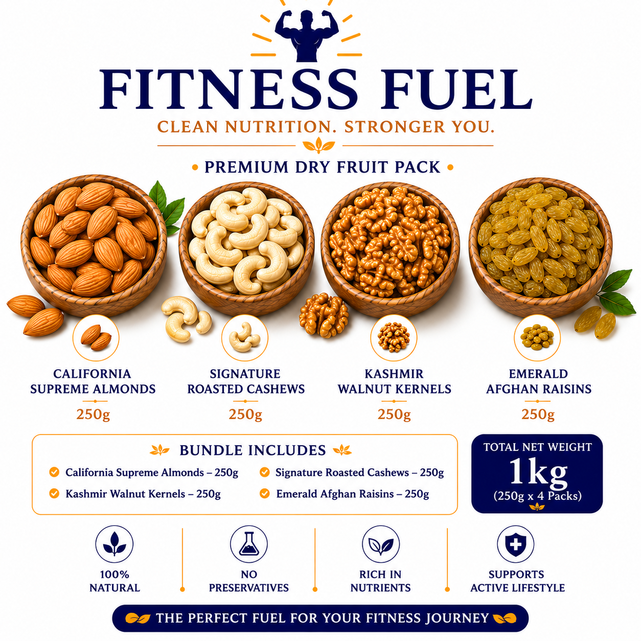 Fitness Fuel premium dry fruit pack with various nuts and raisins on a white background.