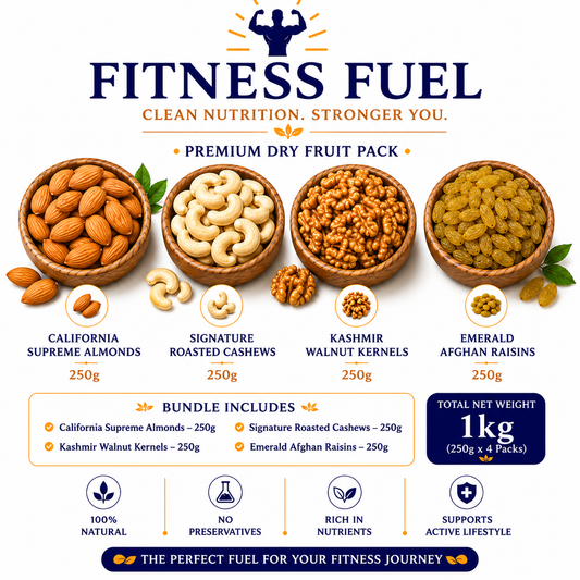 Fitness Fuel premium dry fruit pack with various nuts and raisins on a white background.