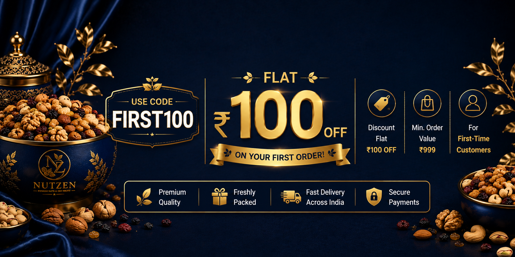 Promotional banner for Nutzen with discount offer and product images on a dark background