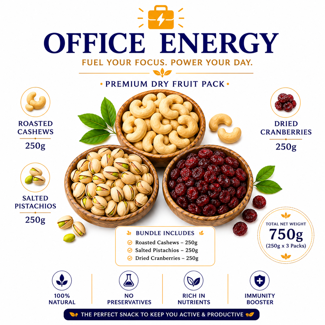 Office Energy dry fruit pack with roasted cashews, salted pistachios, and dried cranberries.