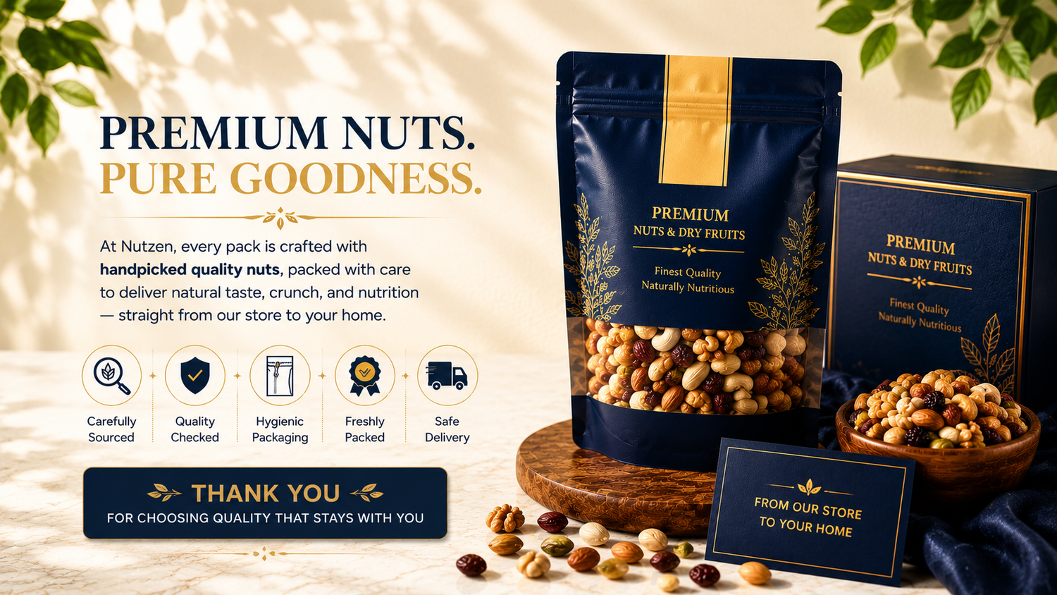 Nuts packaging with branding and product details on a wooden surface.