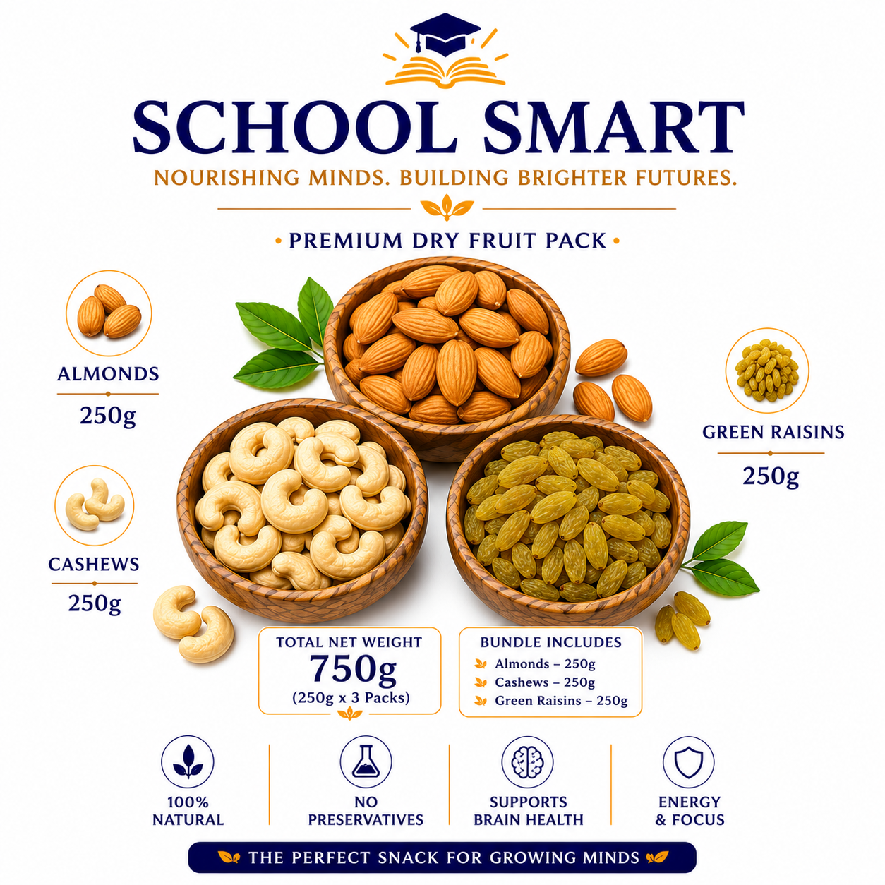 School Smart dry fruit pack with almonds, cashews, and green raisins.